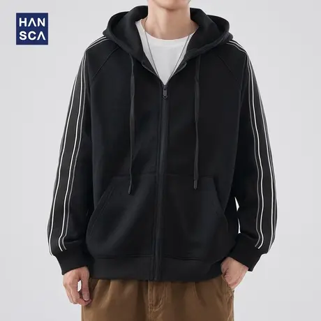 hansca美式重磅奥粒绒开衫卫衣男秋冬季加绒加厚保暖条纹连帽外套商品大图