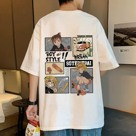 纯棉重磅日系动漫短袖t恤男夏季潮牌美式高街运动情侣上衣半截袖商品大图