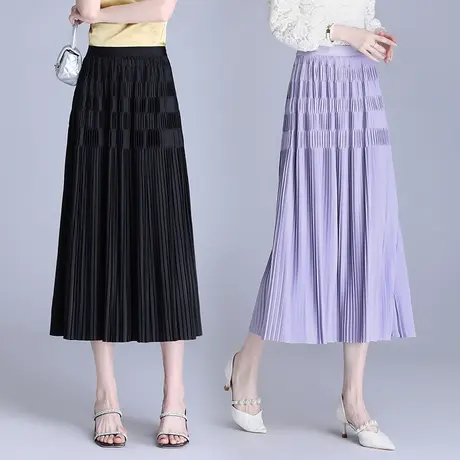 纯杏色半身裙女春夏韩版松紧高腰A字裙中长款修身防透百搭百褶裙图片