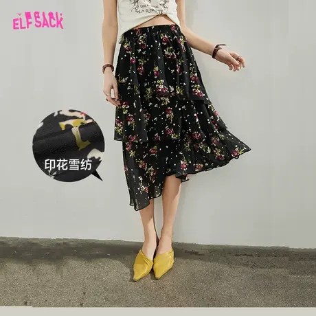 妖精的口袋黑色不规则碎花半身裙女2023春夏新款蛋糕裙中长款显瘦图片