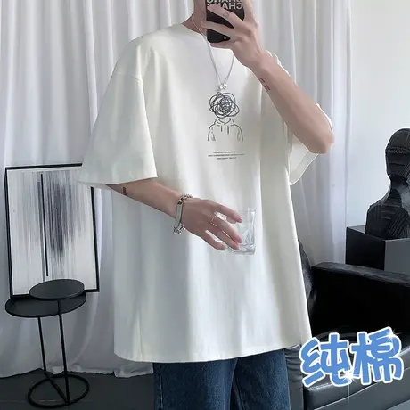 日系t恤男士夏季潮流宽松重磅棉感白色运动半袖潮牌中性风上衣服商品大图