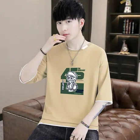 假两件短袖男款夏季潮牌印花圆领t恤男生宽松休闲青少年半袖体恤商品大图