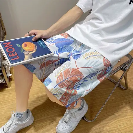 冰丝印花短裤男夏季薄款宽松沙滩裤子潮牌居家外穿休闲五分大裤衩商品大图
