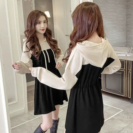 春季新款韩版大码收腰连衣裙女设计感连帽卫衣裙上衣200斤胖mm潮图片