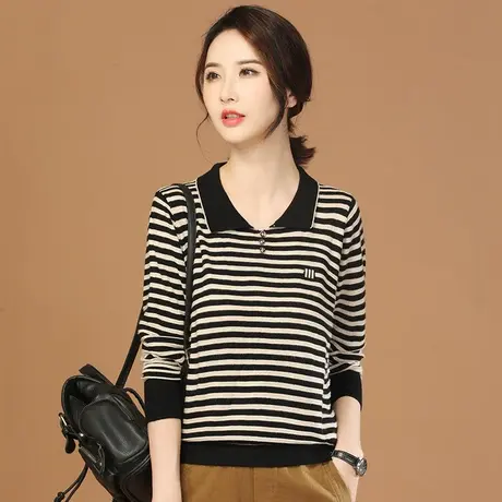 韩潮袭人POLO领条纹针织衫女2023秋季新款长袖宽松毛衣上衣打底衫图片