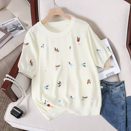 正肩刺绣短袖t恤女2023新款夏季宽松针织衫薄款茶里茶气别致上衣商品大图