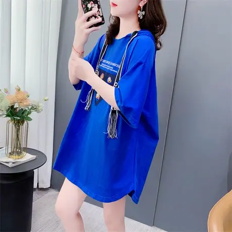 中长款连帽短袖T恤女夏季2023年新款宽松洋气减龄设计感上衣ins潮图片