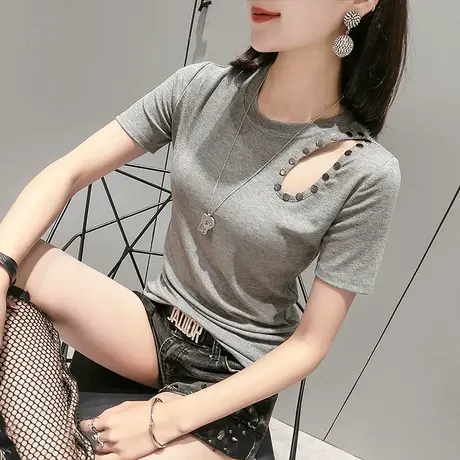 2023新款潮性感镂空t恤女短袖夏装气质心机上衣修身半袖破洞丅恤商品大图