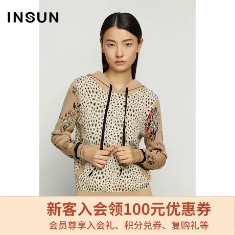 恩裳商场同款休闲豹纹撞色拼接春季时尚米色带帽毛针织衫图片