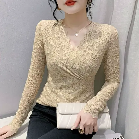 欧货洋气蕾丝上衣女2023春秋新款性感V领打底衫纯色百搭气质T恤图片