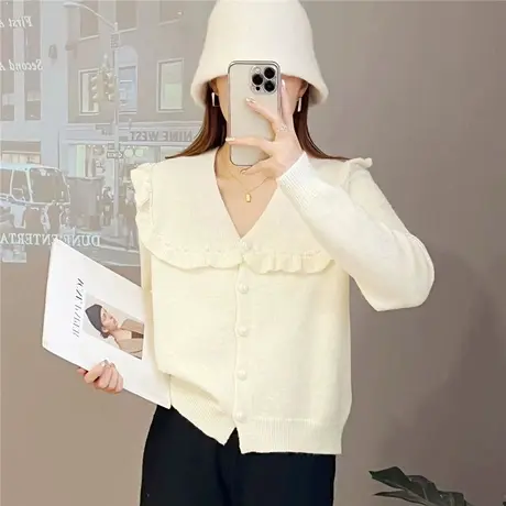v领温柔风木耳边针织开衫外套女短款小个子洋气百搭外搭毛衣上衣商品大图