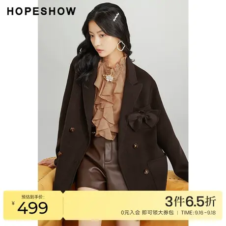 红袖outlets西装领双面呢大衣hopeshow2022冬季款蝴蝶结短款外套商品大图