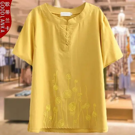 胖妈妈夏季短袖薄款T恤洋气时尚中年大码女装宽松民族风绣花上衣商品大图