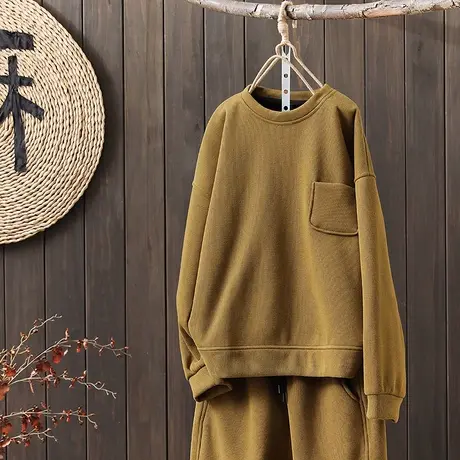 枫谜2022年冬季新款加绒拼接休闲宽松复古显瘦圆领套头长袖卫衣图片