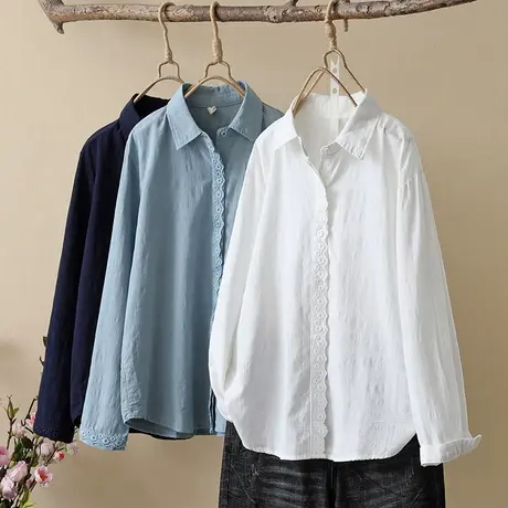 春秋新款甜美文艺蕾丝花边双层纱纯棉白色长袖衬衫女宽松叠穿上衣图片
