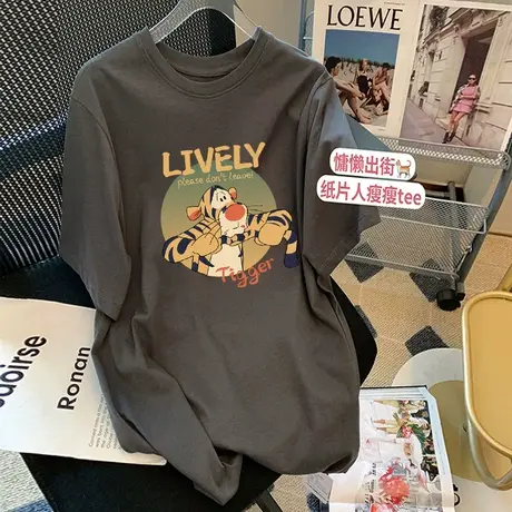 纯棉T恤女中长款韩版宽松2022夏季新款卡通印花短袖下衣失踪上衣商品大图