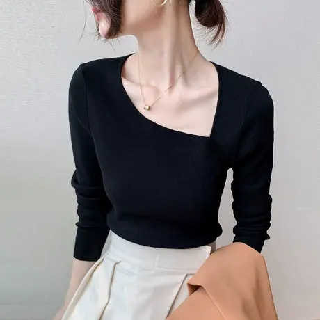 斜领不规则针织衫2023初秋新款上衣女小众设计感修身内搭打底小衫商品大图