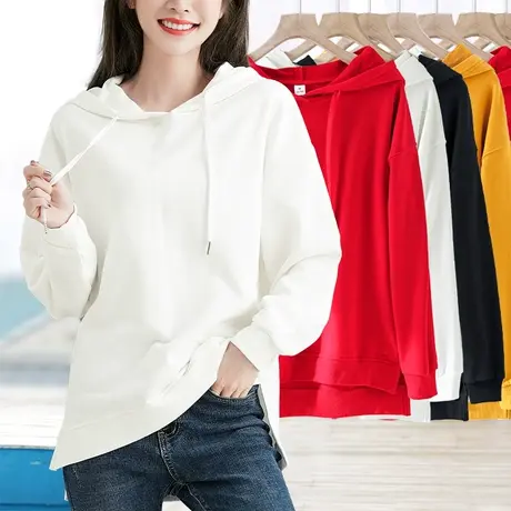 中长款白色连带帽卫衣女遮肚子减龄宽松显瘦下摆两边开叉春秋薄款商品大图