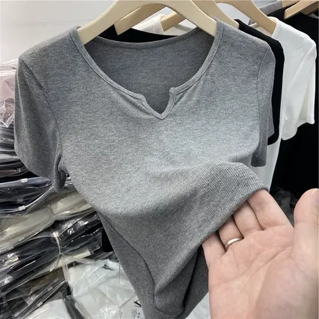 欧货短袖T恤女2021夏季新款韩版修身高腰显瘦半袖V领螺纹短款上衣商品大图