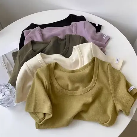 韩系港风纯色半袖T恤女夏天百搭修身显瘦打底衫华夫格短袖上衣服商品大图