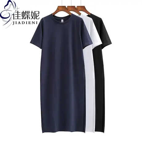 夏季新款韩版圆领纯棉宽松休闲长款高开叉短袖体恤上衣纯色女装商品大图