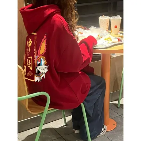 兔子印花潮牌卫衣女秋冬加绒加厚oversize小众设计感红色外套上衣商品大图