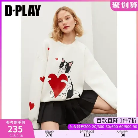 DPLAY秋装新款ins甜美爱心猫咪图案圆领白色空气层卫衣商品大图