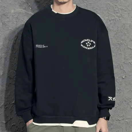 奕飏印花黑色圆领假两件卫衣男2022年春季新款潮简约百搭上衣外套商品大图