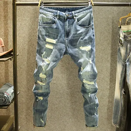 2023新款夏季乞丐破洞牛仔裤男潮ins高街潮牌刮烂修身小脚长裤子商品大图