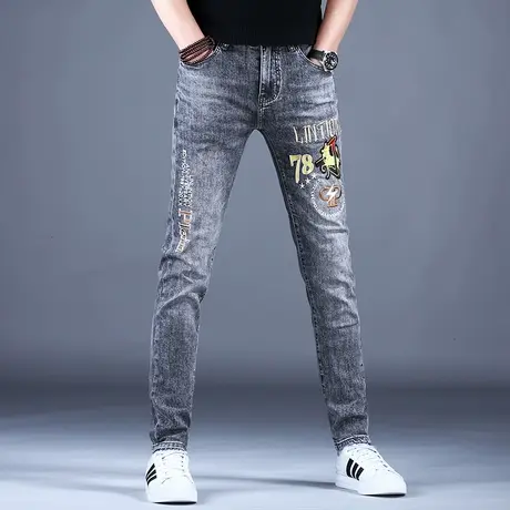 高端弹力刺绣牛仔裤男款新款潮流裤子男士修身小脚男裤春秋薄休闲商品大图