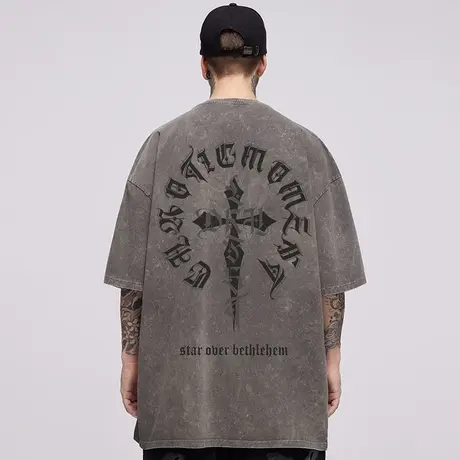 美式重磅纯棉潮牌宽松复古水洗做旧潮流夏圆领加肥加大短袖t恤男商品大图