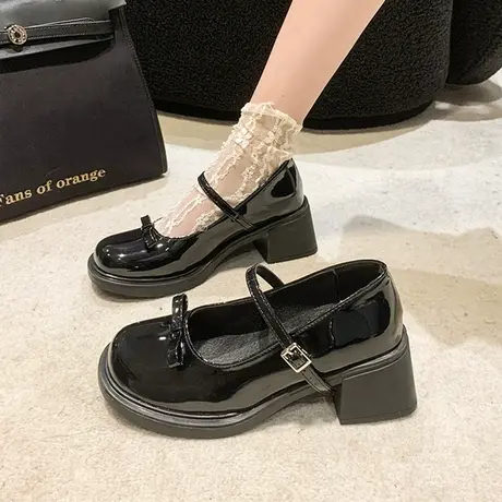 法式复古高跟玛丽珍鞋女2023新款秋季蝴蝶结棕色圆头英伦风小皮鞋商品大图