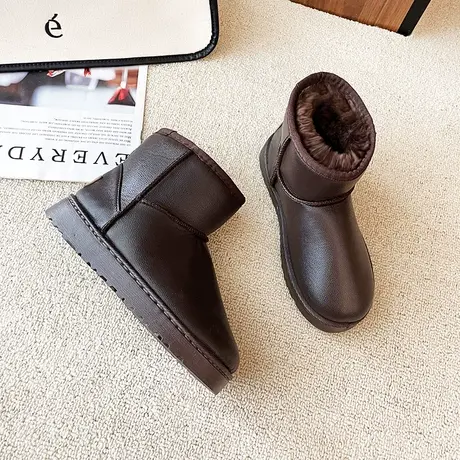 雪地靴女皮面冬季短筒厚底靴子2023新款加绒加厚东北防水防滑棉鞋图片