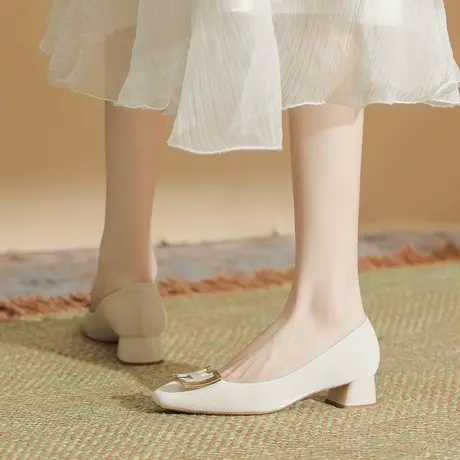 2023年春季新款时尚百搭方头单鞋女粗跟金属扣浅口软皮职业高跟鞋商品大图