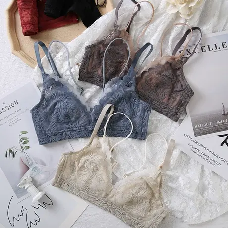 超薄内衣女无钢圈大胸显小法式性感薄款胸罩美背聚拢蕾丝文胸套装图片