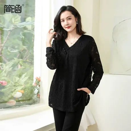 简涵大码女装2024春季新款国风新中式V领蕾丝上衣胖MM洋气打底衫商品大图