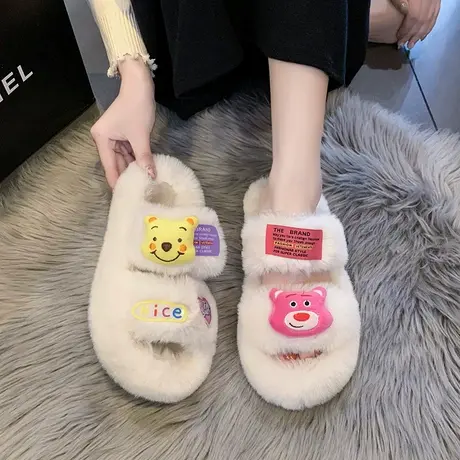 草莓熊可爱毛毛拖鞋外穿女秋冬季新款居家防滑舒适厚底毛绒一字拖商品大图