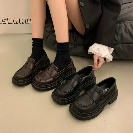 高级感乐福鞋女2024春季新款复古单鞋英伦风黑色一脚蹬厚底小皮鞋商品大图