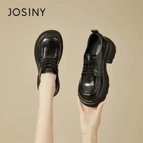 Josiny/卓诗尼厚底黑色小皮鞋女2024春季新款英伦风单鞋增高女鞋商品大图