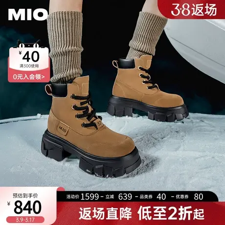 MIO米奥年冬季圆头高跟酷感马丁靴户外潮流拼接厚底工装靴女图片