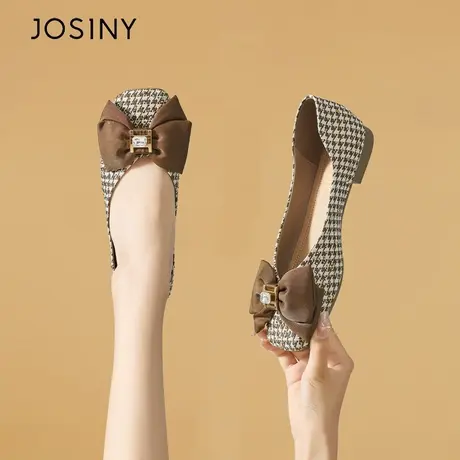 Josiny/卓诗尼千格鸟平底鞋女2023~新款夏季百搭浅口蝴蝶结蹬瓢鞋商品大图