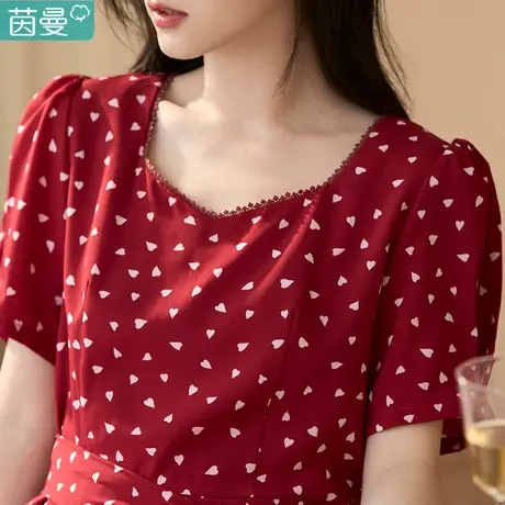 茵曼法式独特绝美连衣裙女2023夏季新款方领赫本风红色高品质韩货商品大图