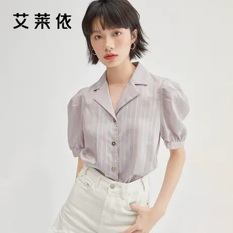艾莱依呆呆鹅IP设计款2022夏季新款时尚V领条纹小衫女装短款上衣图片