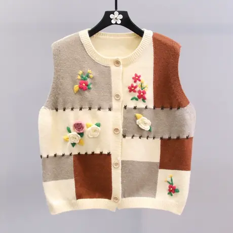 日系复古撞色拼接针织开衫马甲女2023新款立体钩花刺绣毛衣背心图片