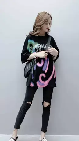 2023夏新款欧版烫钻设计感短袖T恤男女宽松中长款慵懒风印花上衣商品大图