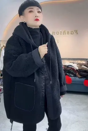 羊羔毛绒加绒连帽女士短外套春秋冬季2023新款百搭拼接加厚棒球服商品大图
