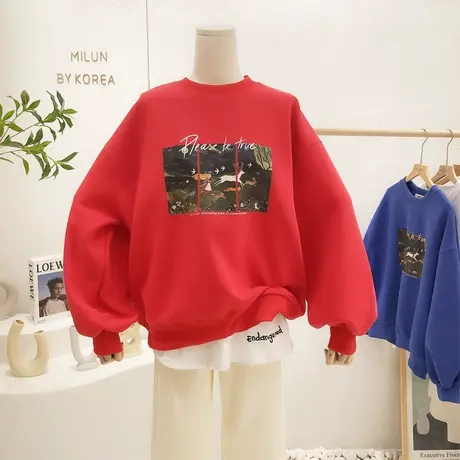 ins油画风梅花鹿卫衣2022早春新款韩国东大门小众套头上衣大码红图片