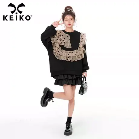 层次感木耳花边饰黑色卫衣女春秋洋气减龄气质款圆领上衣小个子图片