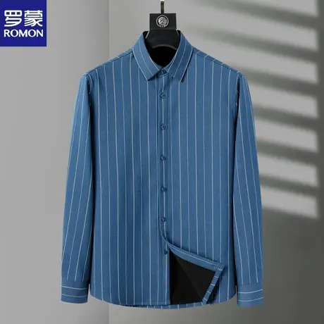 罗蒙加绒加厚条纹爸爸冬装衬衫内搭中年男士秋冬季寸衣商务休闲款商品大图