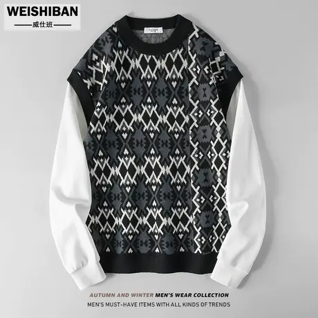 潮牌圆领假两件毛衣男士秋冬2023新款时尚提花拼接卫衣针织衫马甲商品大图